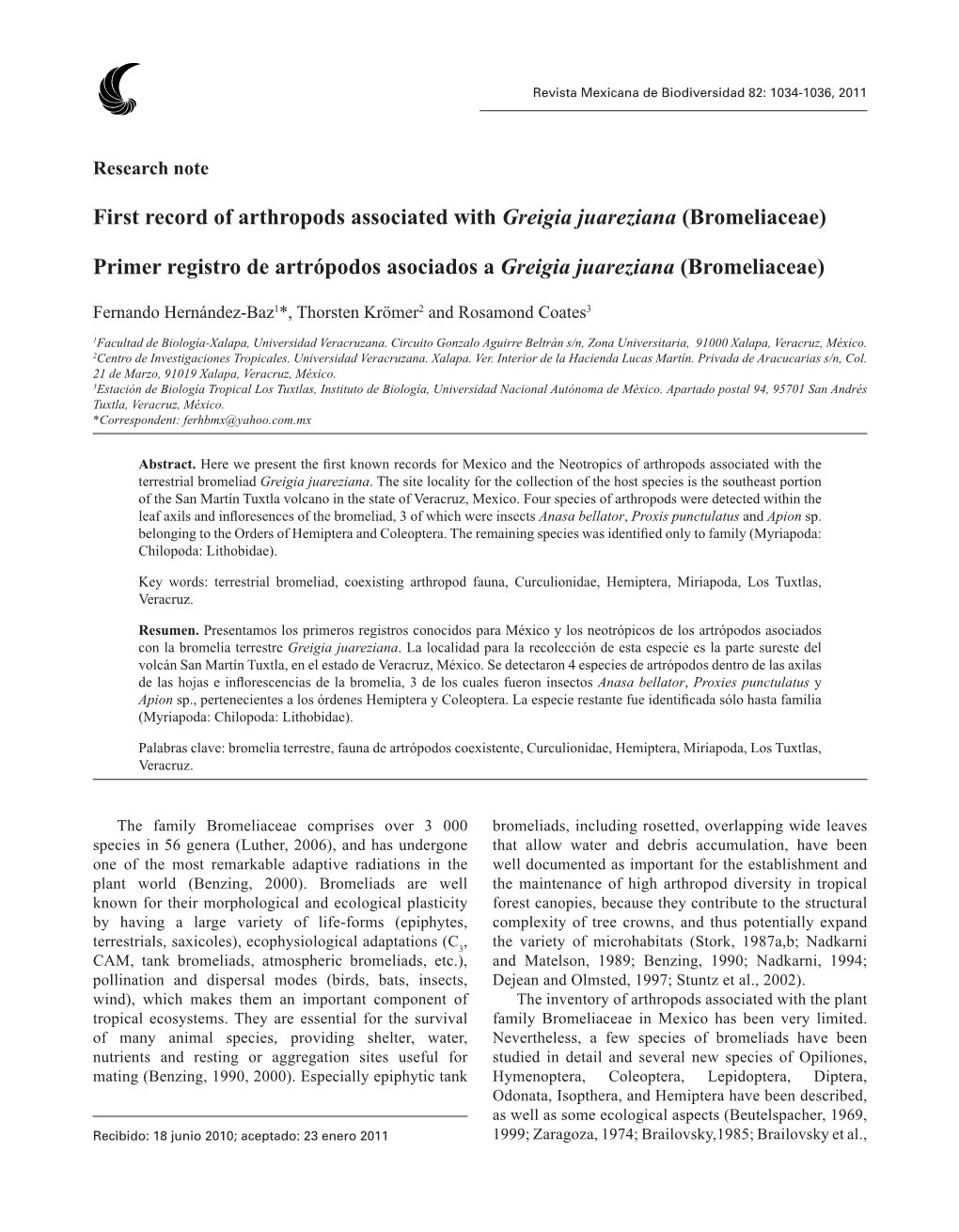 First Record of Arthropods Associated with Greigia Juareziana (Bromeliaceae)