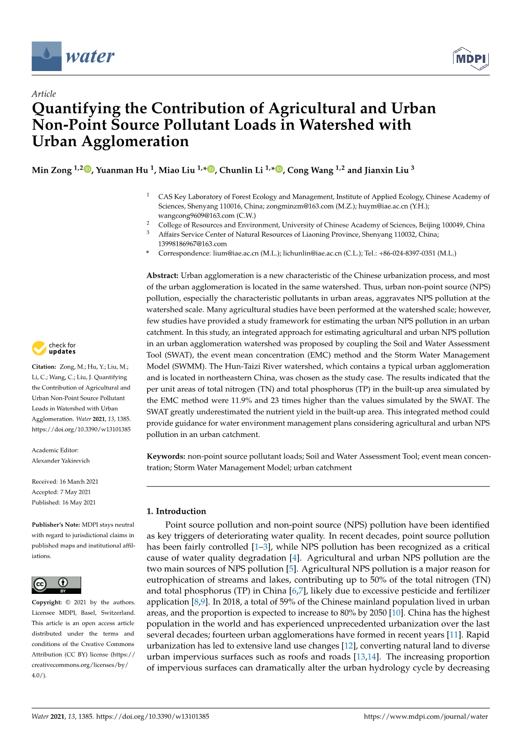 Quantifying the Contribution of Agricultural and Urban Non-Point Source Pollutant Loads in Watershed with Urban Agglomeration