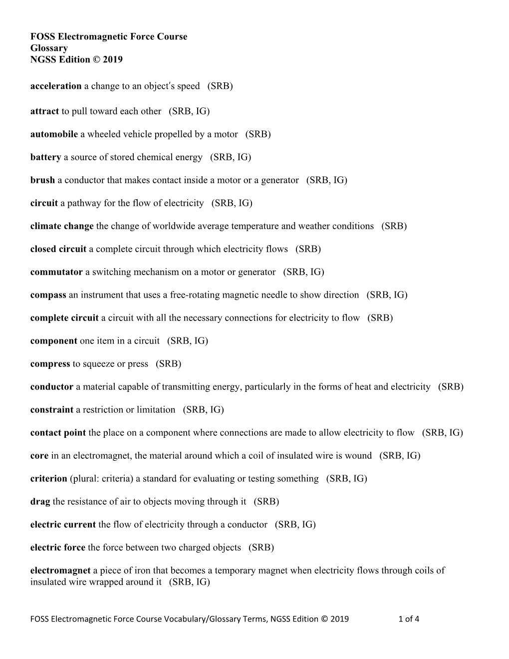 FOSS Electromagnetic Force Course Glossary NGSS Edition © 2019