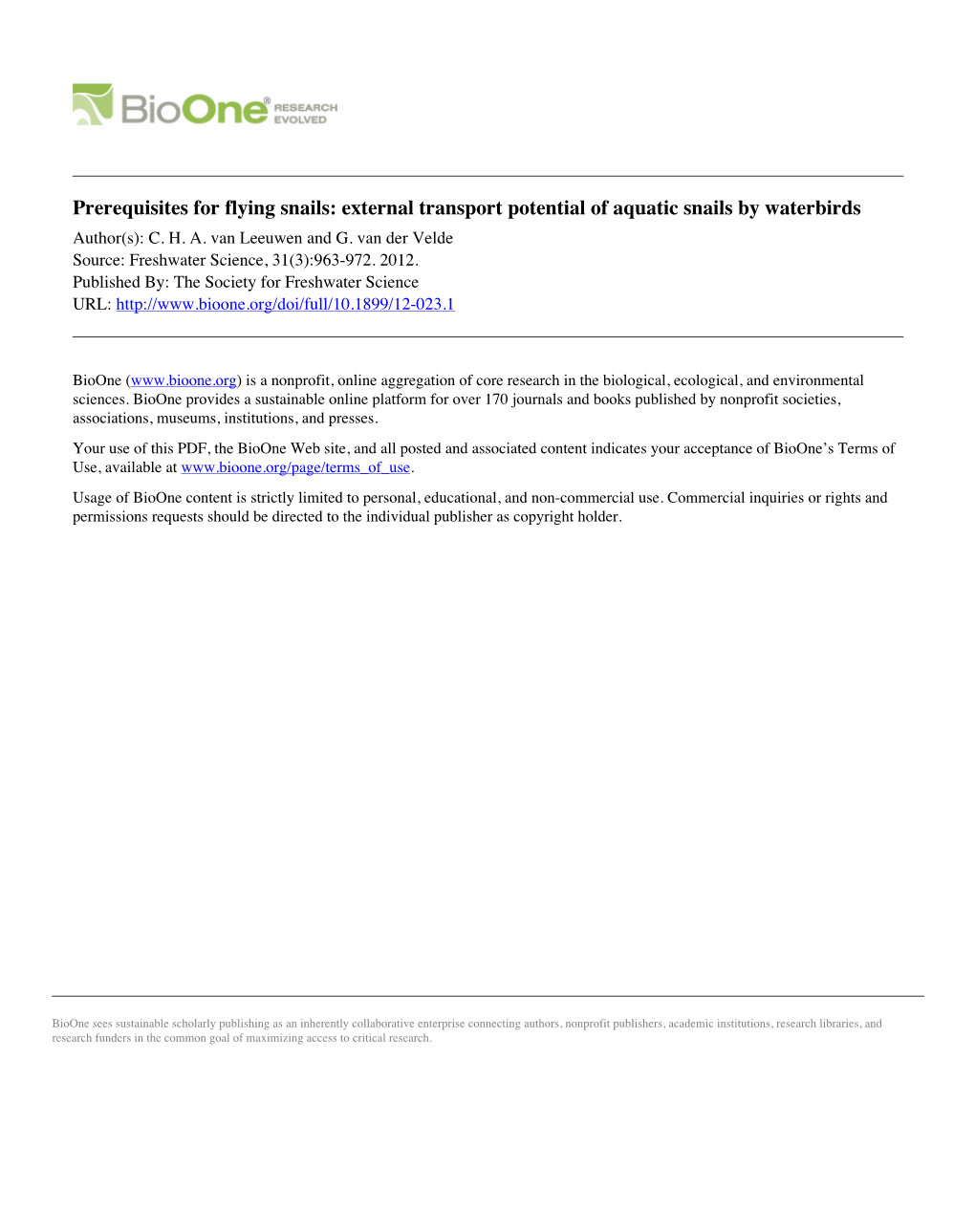 Prerequisites for Flying Snails: External Transport Potential of Aquatic Snails by Waterbirds Author(S): C