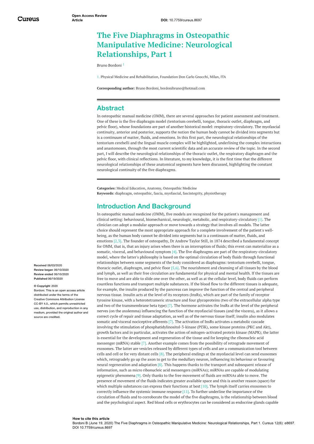 The Five Diaphragms in Osteopathic Manipulative Medicine: Neurological Relationships, Part 1