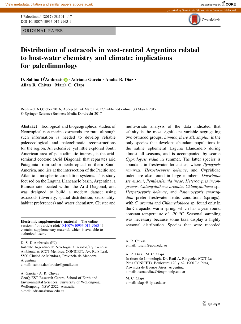 Distribution of Ostracods in West-Central Argentina Related to Host-Water Chemistry and Climate: Implications for Paleolimnology