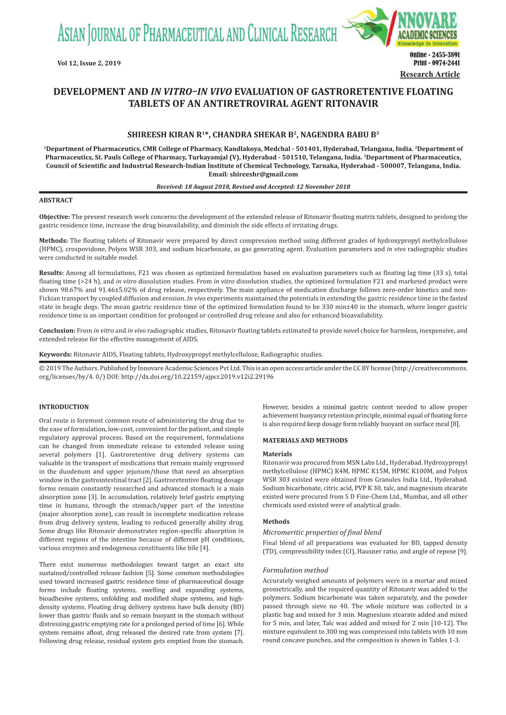 Development and in Vitro–In Vivo Evaluation of Gastroretentive Floating Tablets of an Antiretroviral Agent Ritonavir