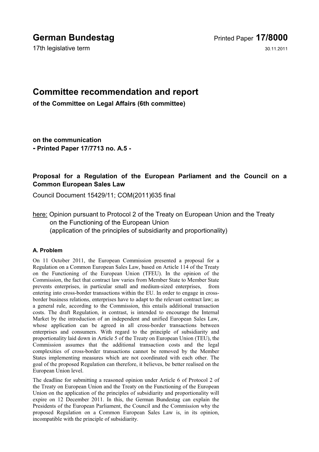 German Bundestag Printed Paper 17/8000 17Th Legislative Term 30.11.2011