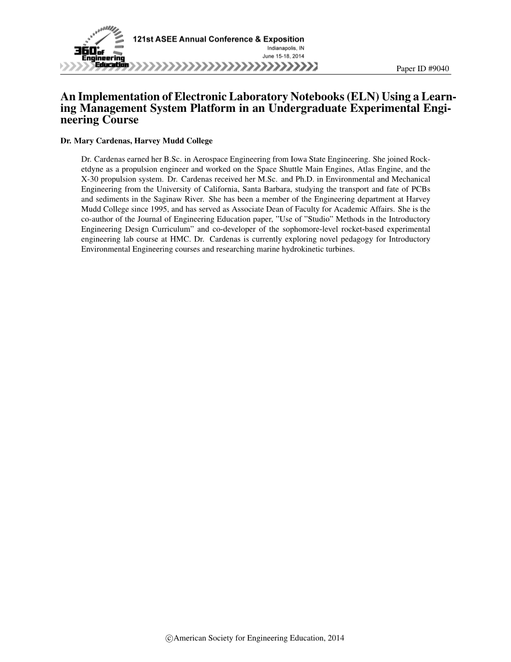 An Implementation of Electronic Laboratory Notebooks (ELN) Using a Learn- Ing Management System Platform in an Undergraduate Experimental Engi- Neering Course
