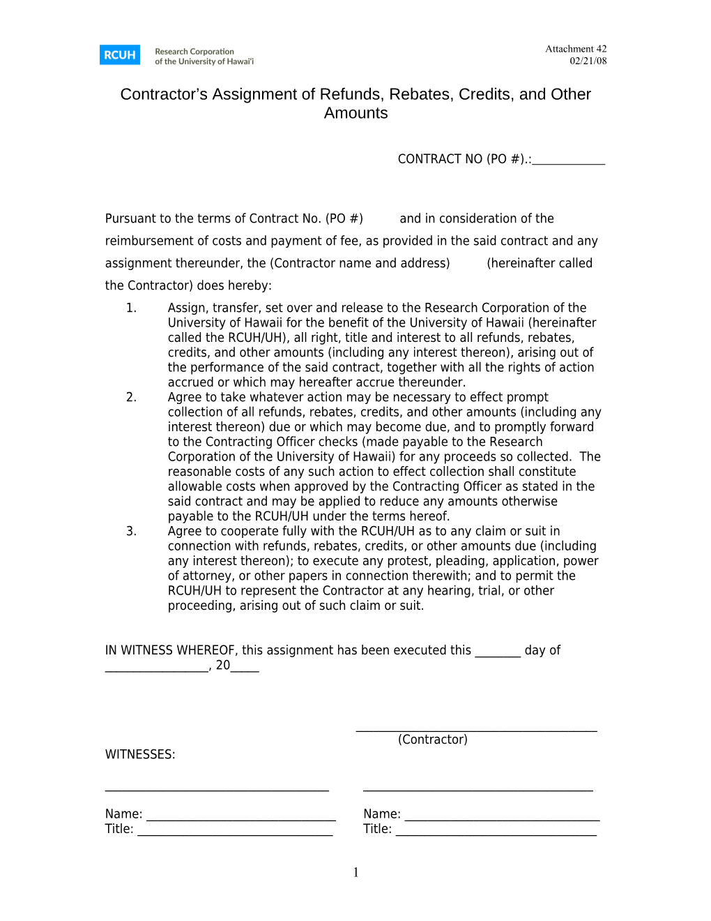 Conractor S Assignment of Refund, Rebates, Credits, and Other Amounts