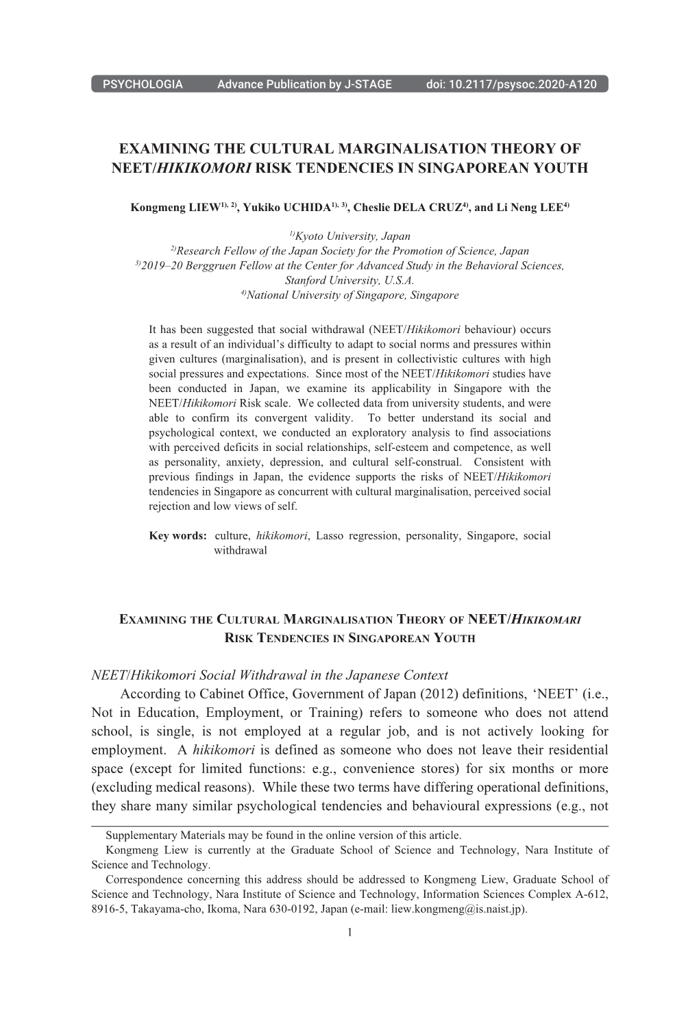 Examining the Cultural Marginalisation Theory of Neet/Hikikomori Risk Tendencies in Singaporean Youth