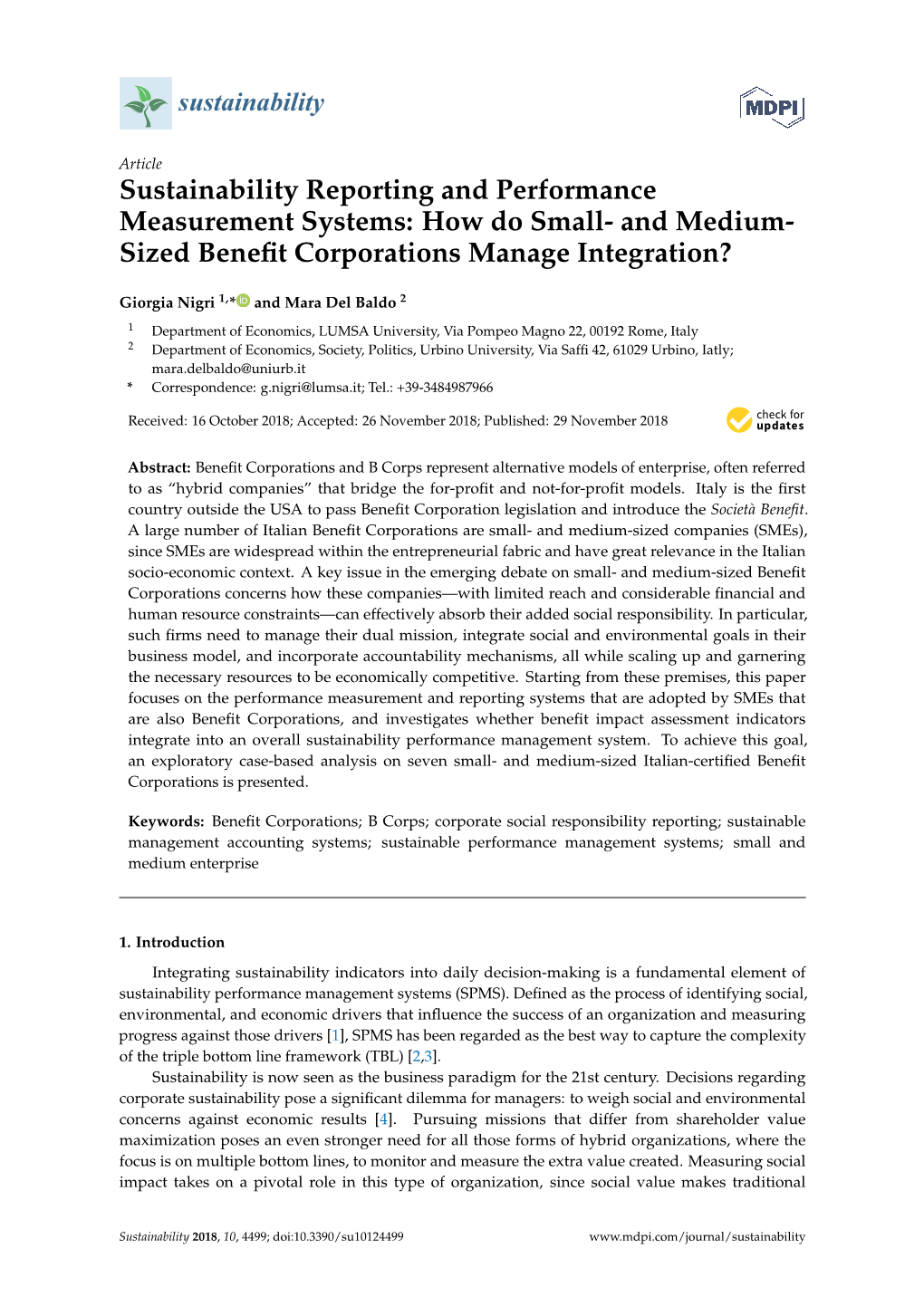 Sustainability Reporting and Performance Measurement Systems: How Do Small- and Medium- Sized Beneﬁt Corporations Manage Integration?