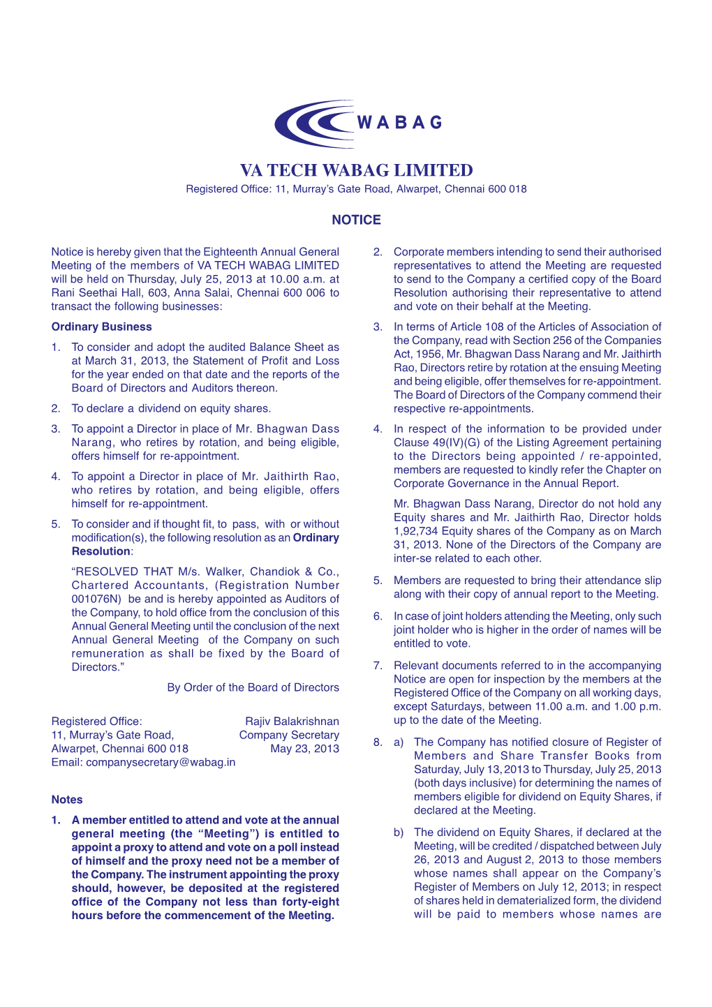 VA TECH WABAG LIMITED Registered Office: 11, Murray’S Gate Road, Alwarpet, Chennai 600 018