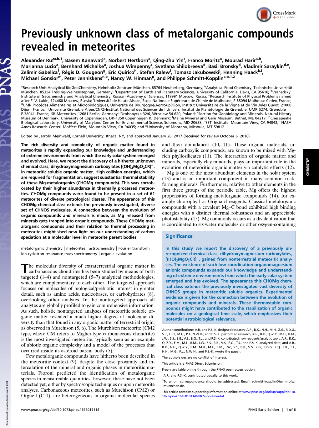 Previously Unknown Class of Metalorganic Compounds Revealed in Meteorites