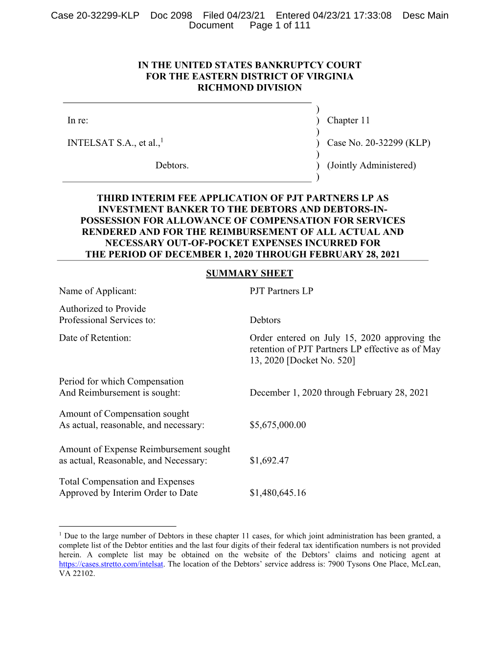 Case 20-32299-KLP Doc 2098 Filed 04/23/21 Entered 04/23/21 17:33:08 Desc Main Document Page 1 of 111