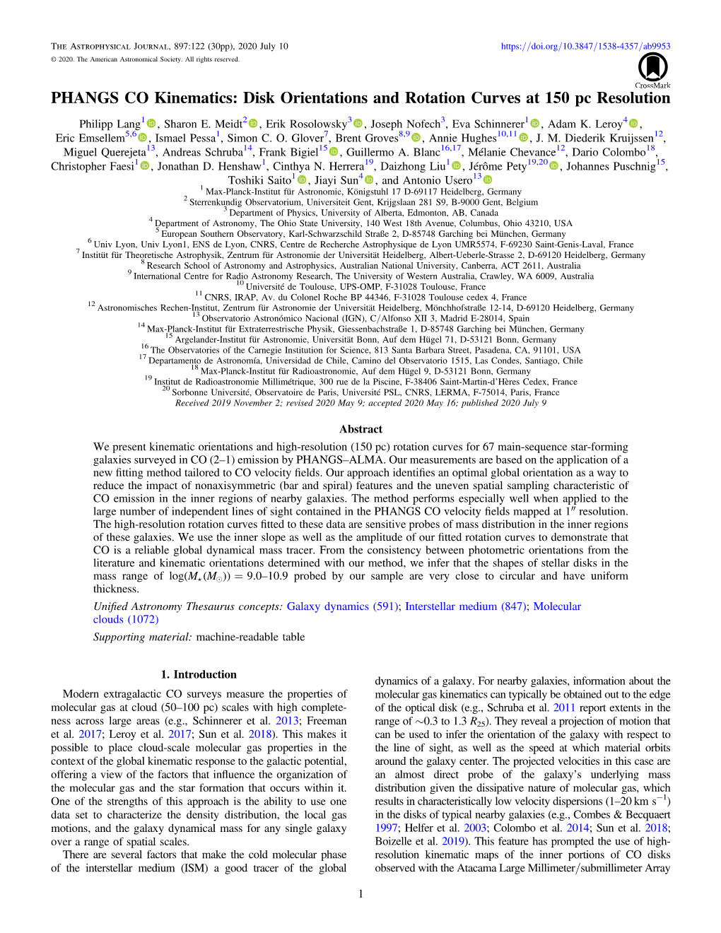 PHANGS CO Kinematics: Disk Orientations and Rotation Curves at 150 Pc Resolution