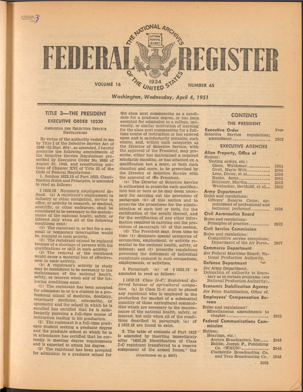 Washington, Wednesday, April 4, 1951 TITLE 3—THE PRESIDENT