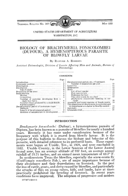 Biology of Brachymeria Fonscolombei (Dufour), a Hymenopterous Parasite of Blowfly Larvae