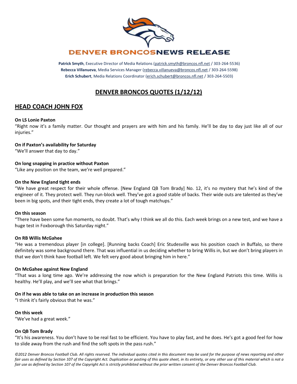 Denver Broncos Quotes (1/12/12) Head Coach John