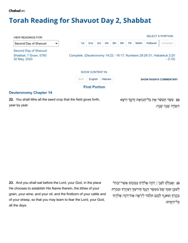 Torah Reading for Shavuot Day 2, Shabbat
