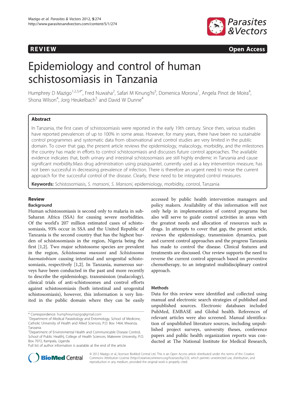 Epidemiology and Control of Human Schistosomiasis In