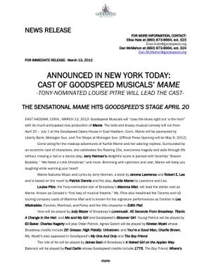 Announced in New York Today: Cast of Goodspeed Musicals' Mame