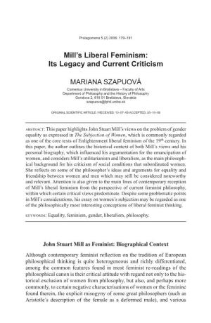 Mill's Liberal Feminism: Its Legacy and Current Criticism
