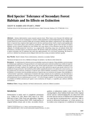 Bird Species' Tolerance of Secondary Forest Habitats and Its Effects on Extinction
