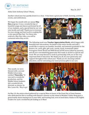 May 26, 2017 Aloha Saint Anthony School ‘Ohana