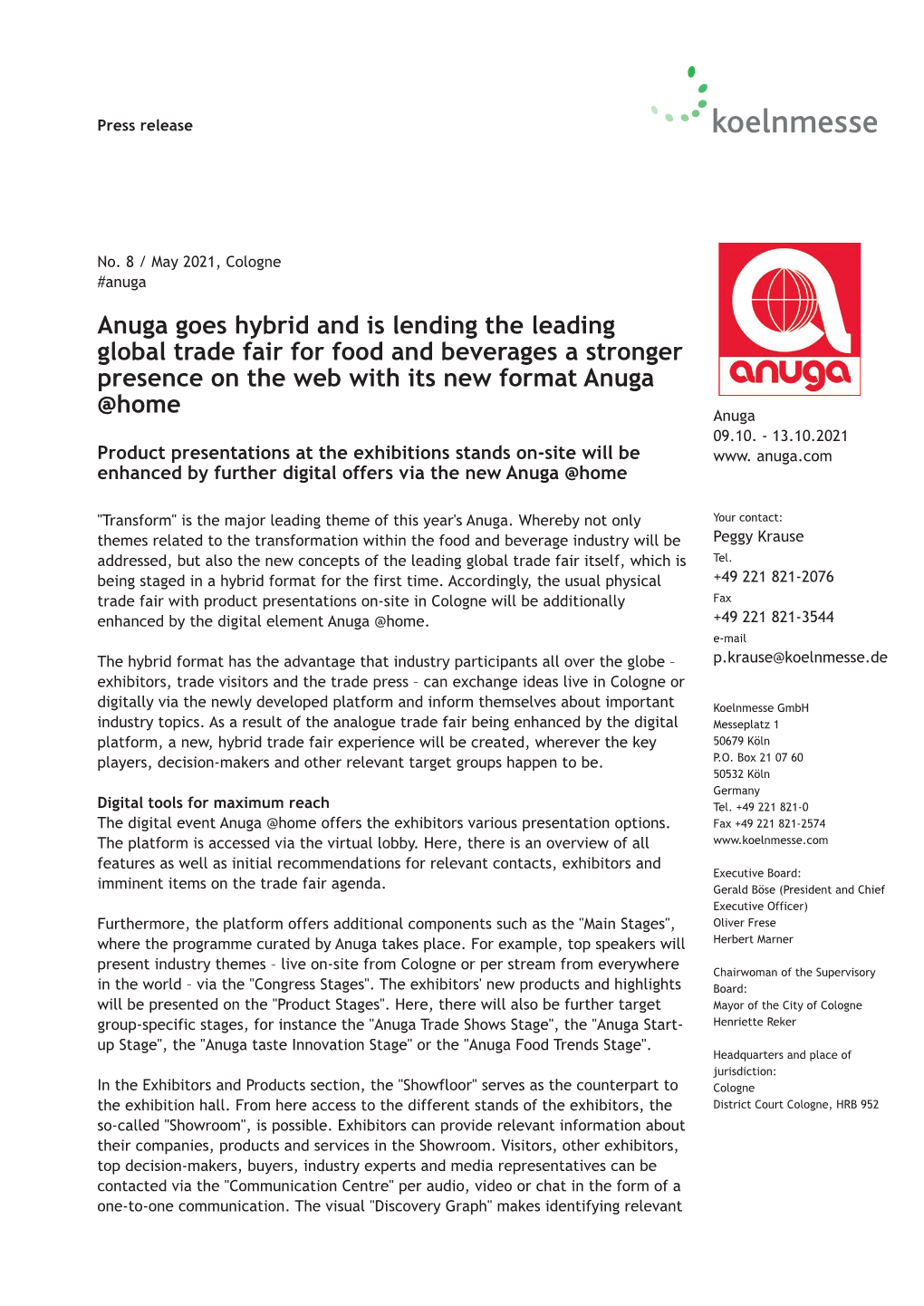 Anuga Goes Hybrid and Is Lending the Leading Global Trade Fair for Food and Beverages a Stronger Presence on the Web with Its New Format Anuga