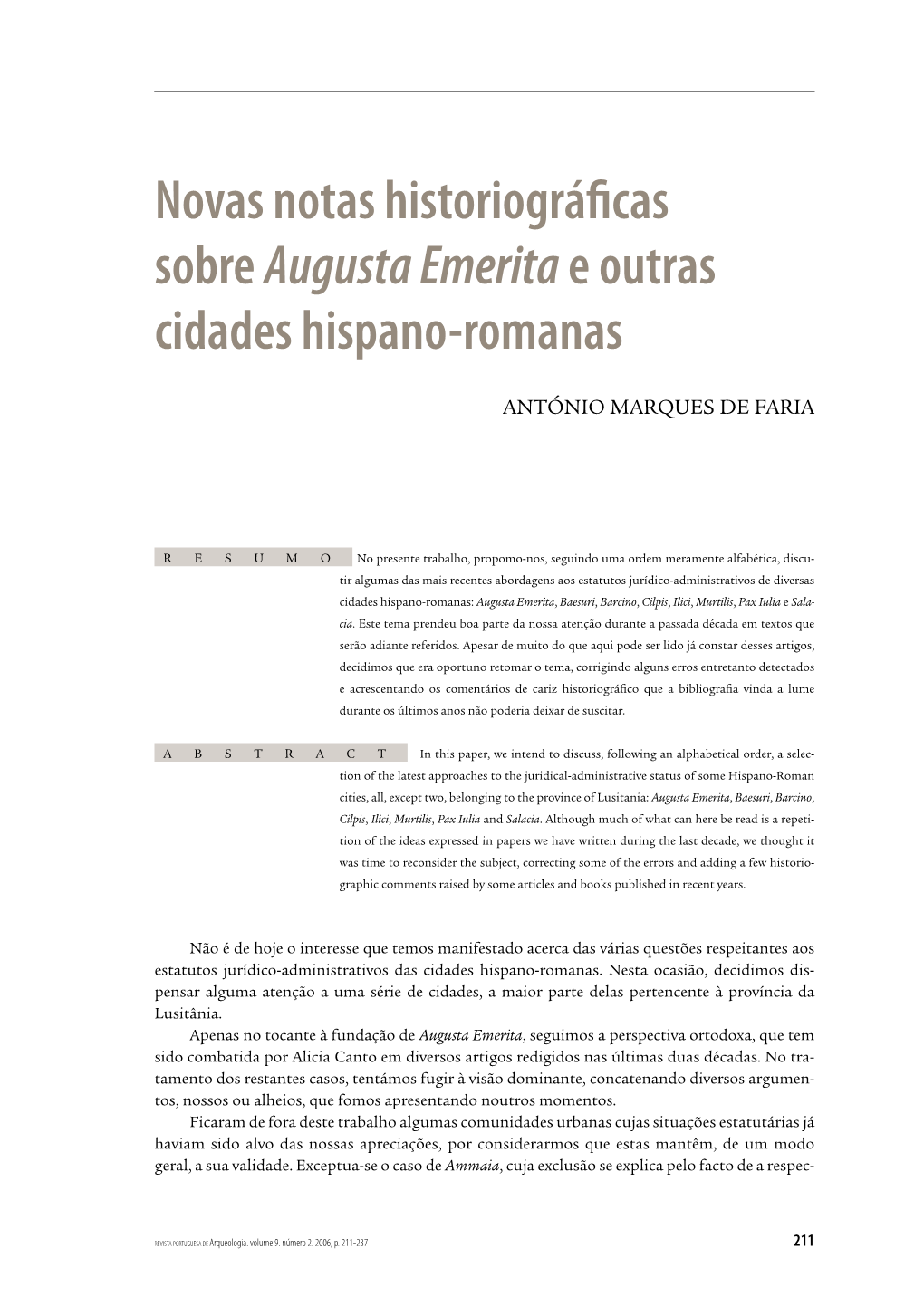 Novas Notas Historiográficas Sobre Augusta Emeritae Outras Cidades