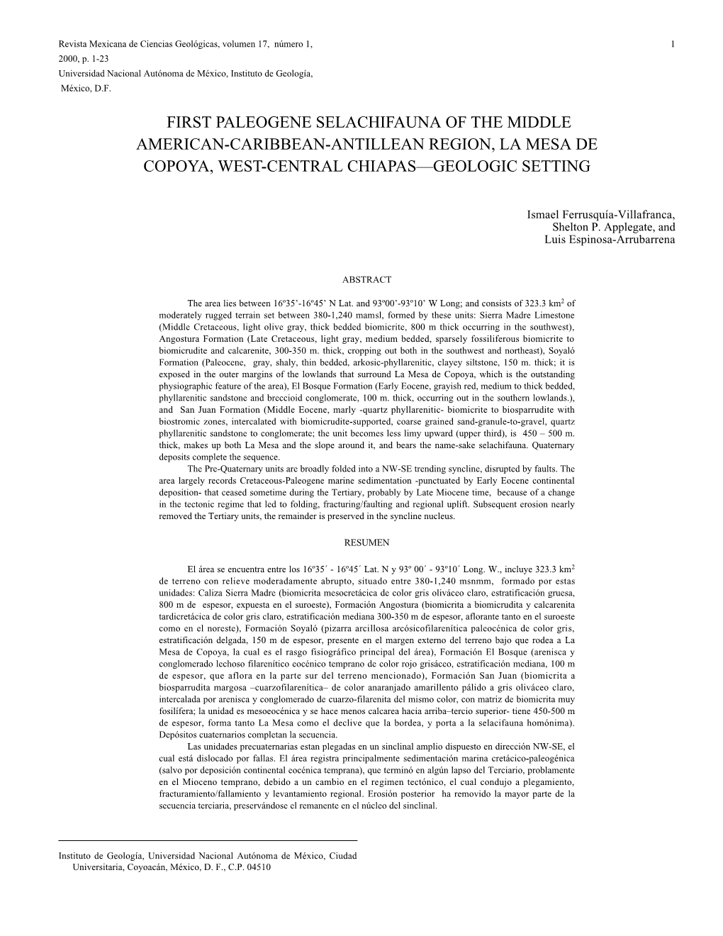 First Paleogene Selachifauna of the Middle American-Caribbean-Antillean Region, La Mesa De Copoya, West-Central Chiapas—Geologic Setting