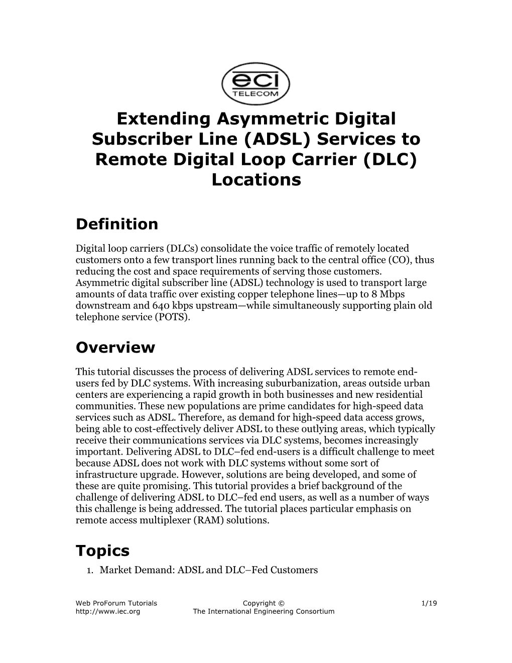 ADSL) Services to Remote Digital Loop Carrier (DLC) Locations