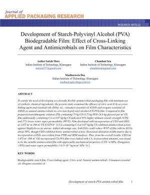 Development of Starch-Polyvinyl Alcohol (PVA) Biodegradable Film: Effect of Cross-Linking Agent and Antimicrobials on Film Characteristics PREFACE API 2015