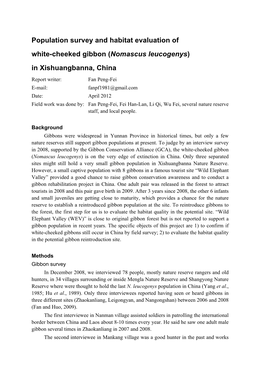 Population Survey and Habitat Evaluation of White-Cheeked Gibbon (Nomascus Leucogenys) in Xishuangbanna, China