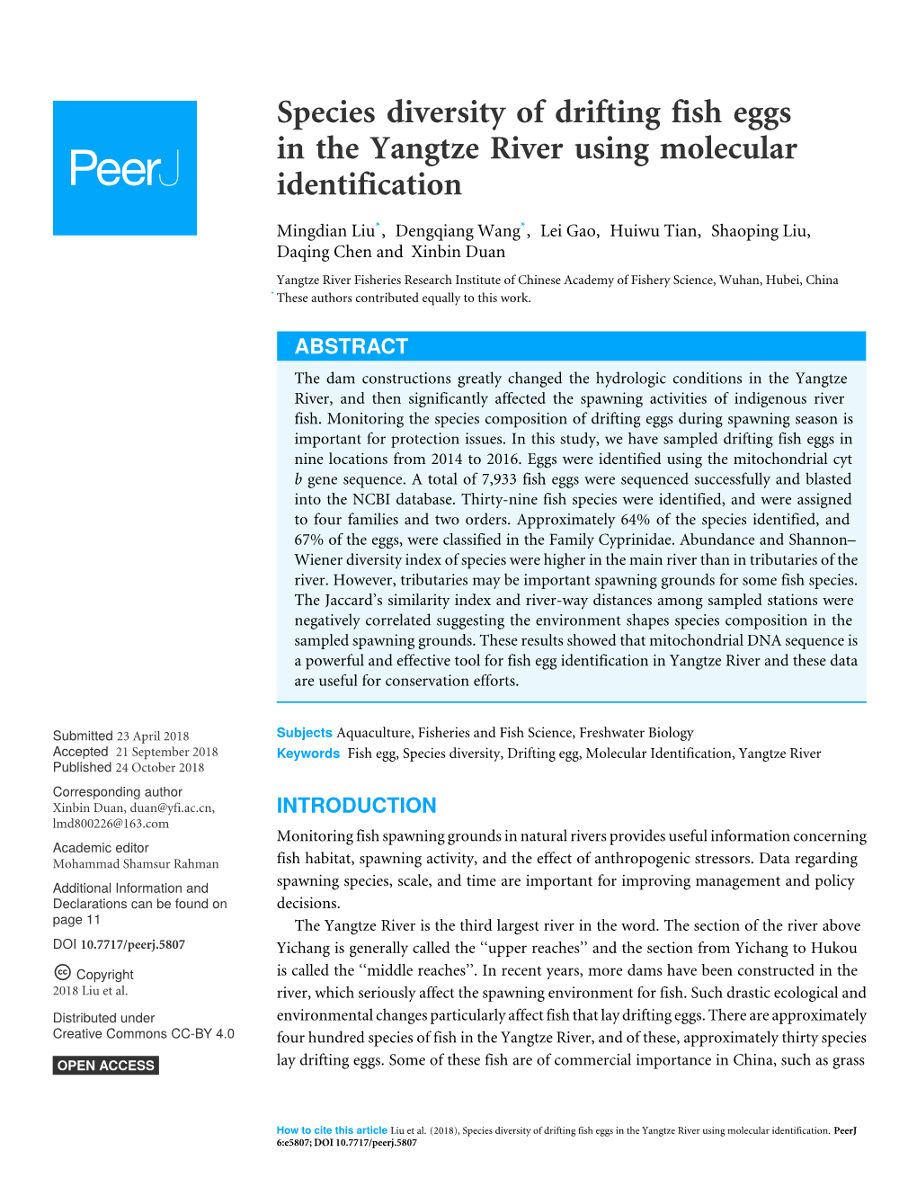 Species Diversity of Drifting Fish Eggs in the Yangtze River Using Molecular Identification