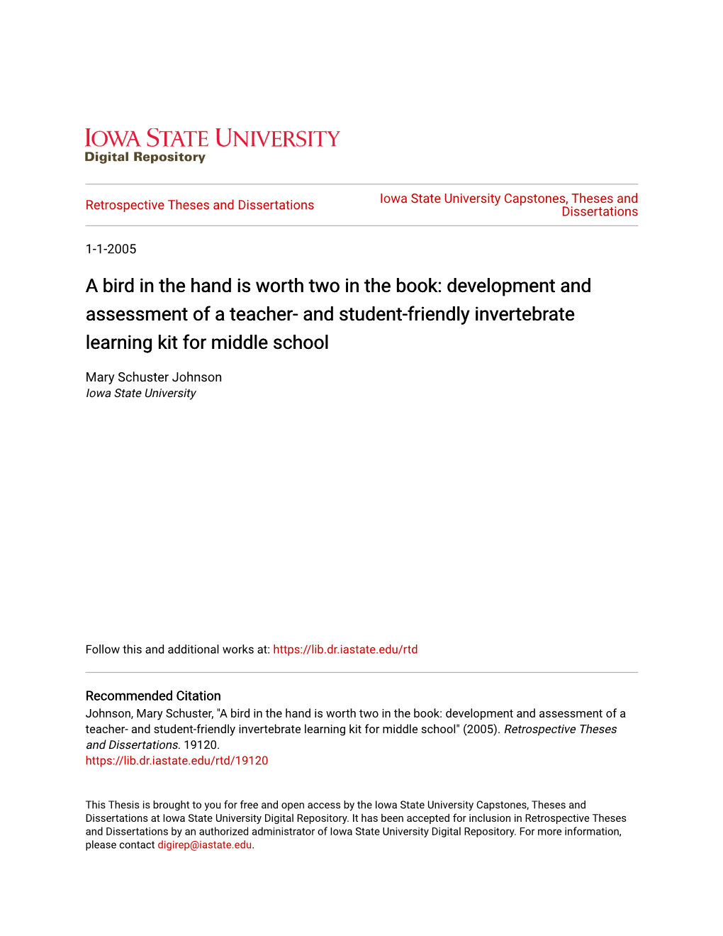 A Bird in the Hand Is Worth Two in the Book: Development and Assessment of a Teacher- and Student-Friendly Invertebrate Learning Kit for Middle School