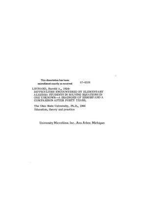 University Microfilms, Inc., Ann Arbor, Michigan DIFFICULTIES ENCOUNTERED by ELEMENTARY ALGEBRA STUDENTS