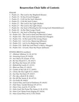 Resurrection Choir Table of Contents