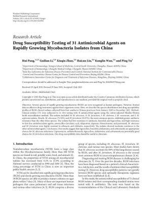 Research Article Drug Susceptibility Testing of 31 Antimicrobial Agents on Rapidly Growing Mycobacteria Isolates from China