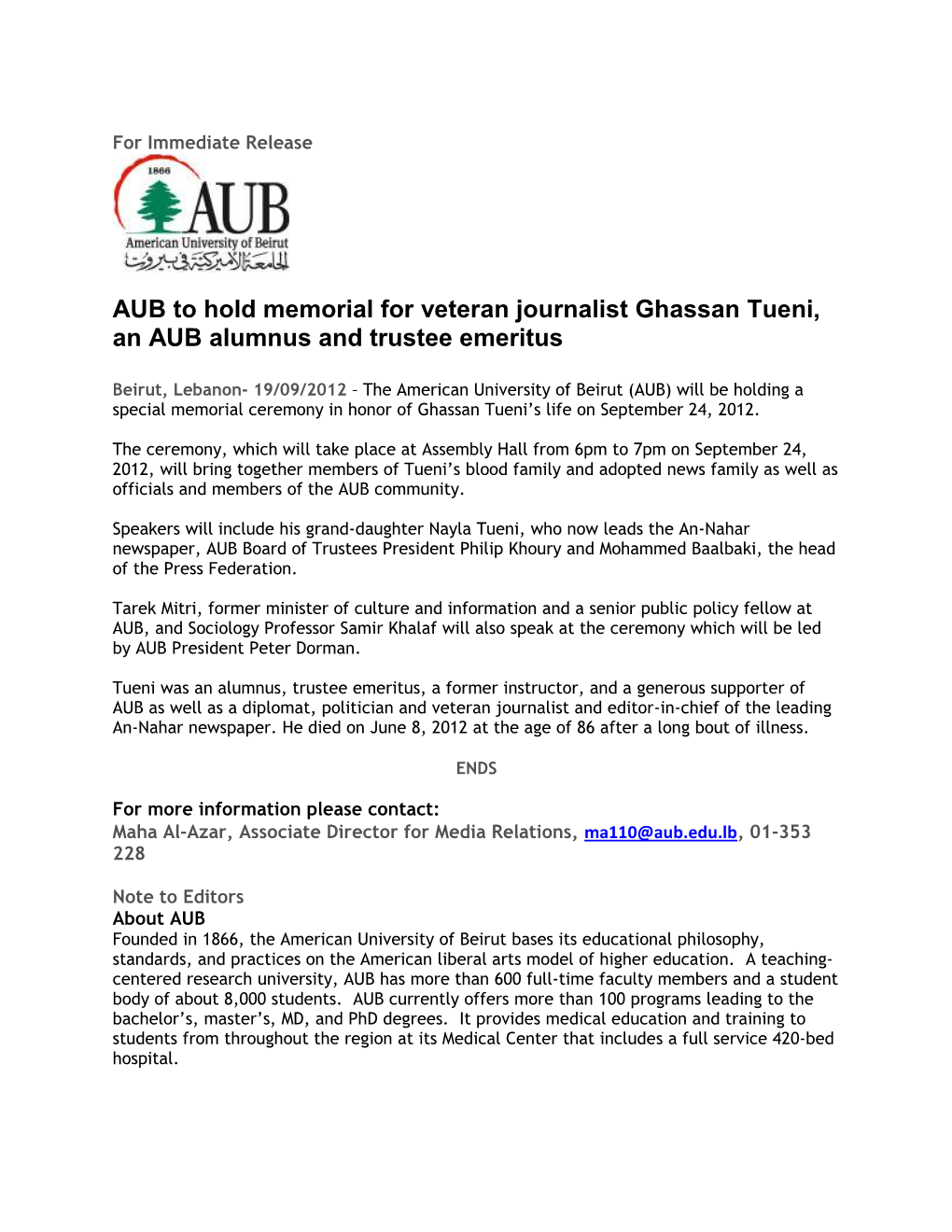 AUB to Hold Memorial for Veteran Journalist Ghassan Tueni, an AUB Alumnus and Trustee Emeritus