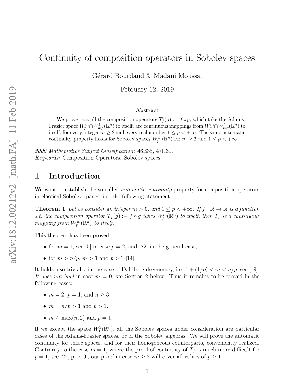 Continuity of Composition Operators in Sobolev Spaces