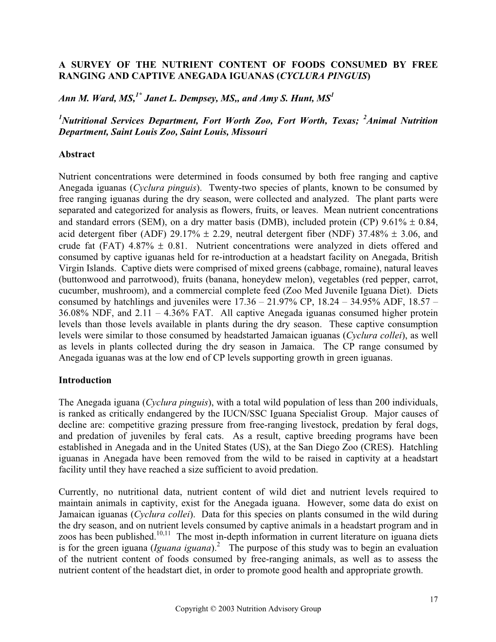 A Survey of the Nutrient Content of Foods Consumed by Free Ranging and Captive Anegada Iguanas (Cyclura Pinguis)