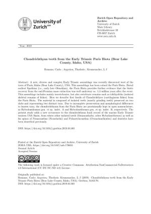 Chondrichthyan Teeth from the Early Triassic Paris Biota (Bear Lake County, Idaho, USA)