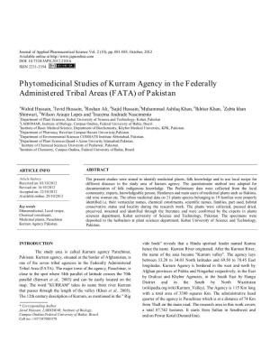 Phytomedicinal Studies of Kurram Agency in the Federally Administered Tribal Areas (FATA) of Pakistan