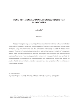 Long-Run Money and Inflation Neutrality Test in Indonesia 75