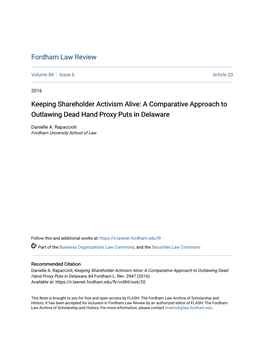 Keeping Shareholder Activism Alive: a Comparative Approach to Outlawing Dead Hand Proxy Puts in Delaware