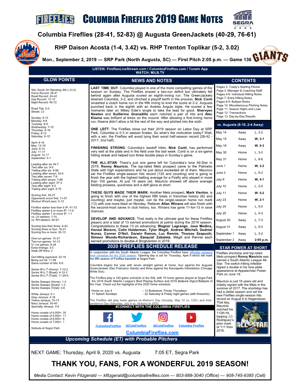 Columbia Fireflies 2019 Game Notes