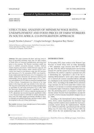 Structural Analysis of Minimum Wage Rates, Unemployment and Food Prices of Farm Workers in South Africa: Co-Integration Approach
