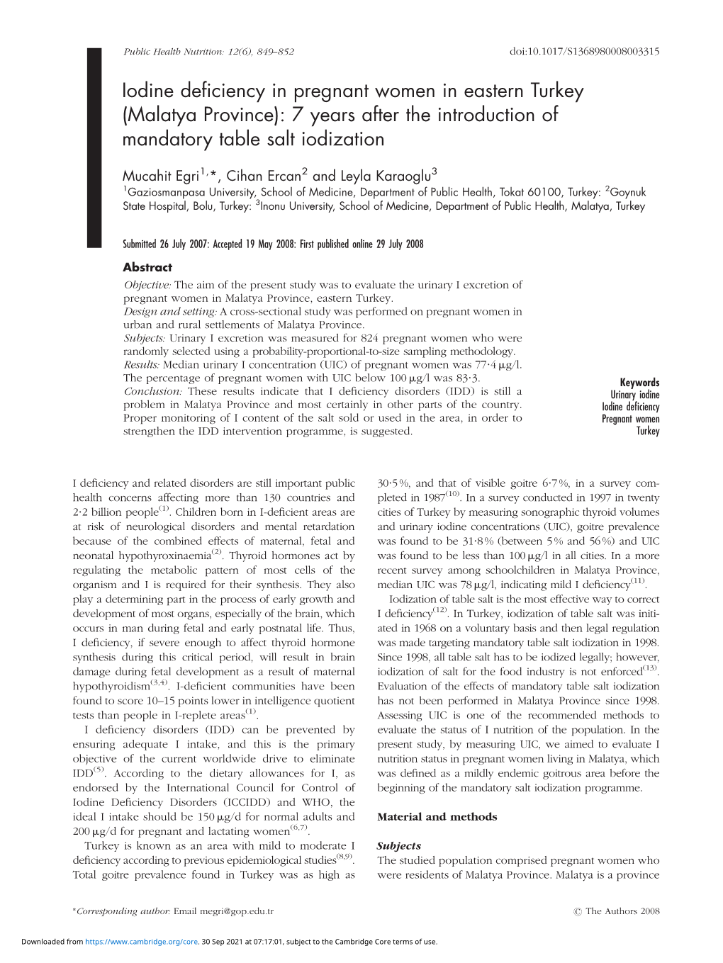 Iodine Deficiency in Pregnant Women in Eastern Turkey (Malatya Province