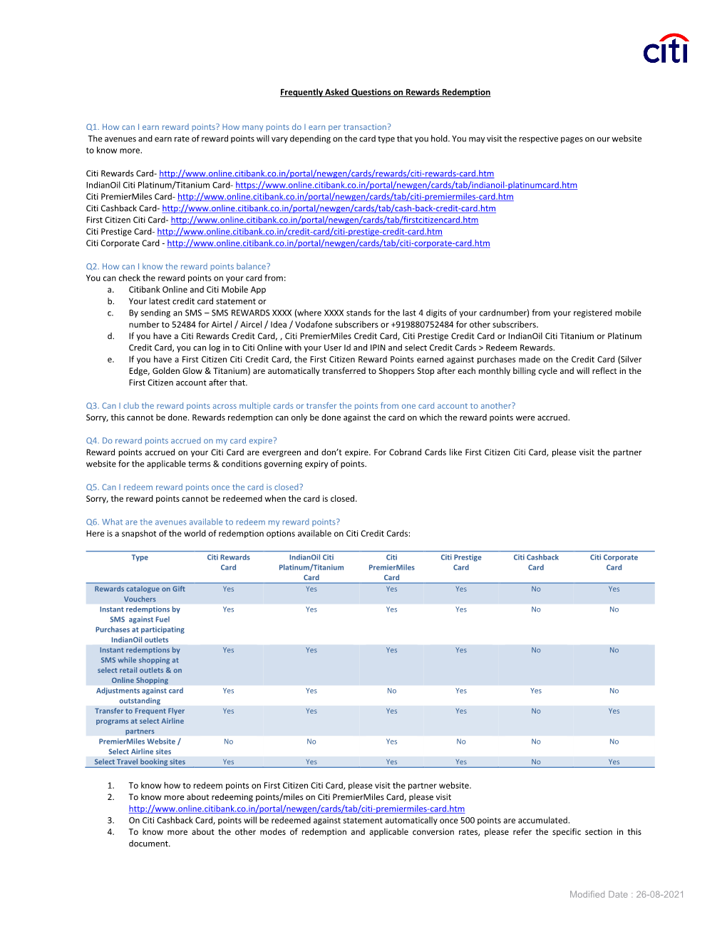 06-08-2021 Frequently Asked Questions on Rewards Redemption Q1. How Can I Earn Reward Points?