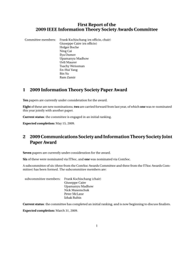 First Report of the 2009 IEEE Information Theory Society Awards Committee