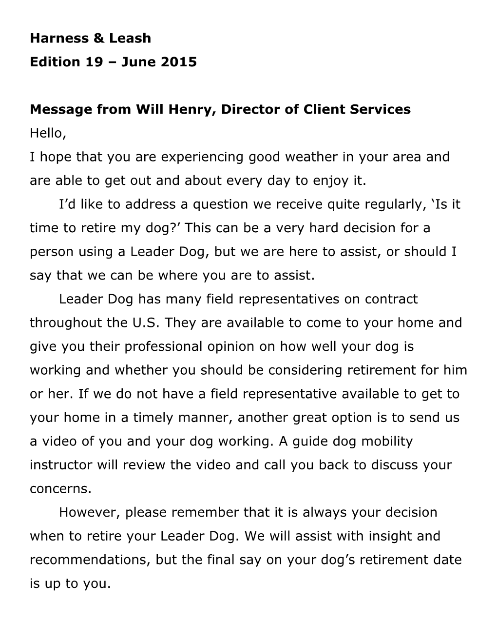 Message from Will Henry, Director of Client Services