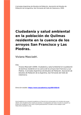 Ciudadanía Y Salud Ambiental En La Población De Quilmas Residente En La Cuenca De Los Arroyos San Francisco Y Las Piedras
